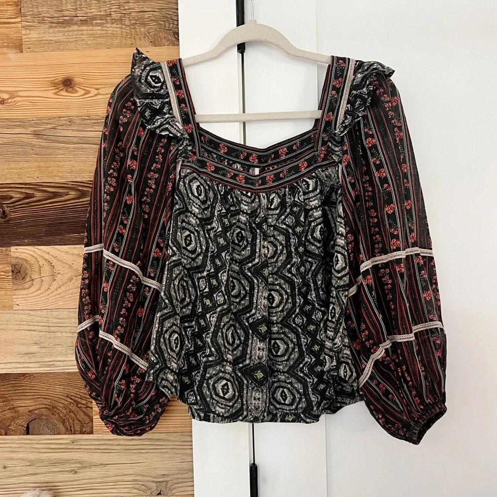 Free People Mostly Meadow Puff Sleeve Ruffle Shoulder Blouse Black